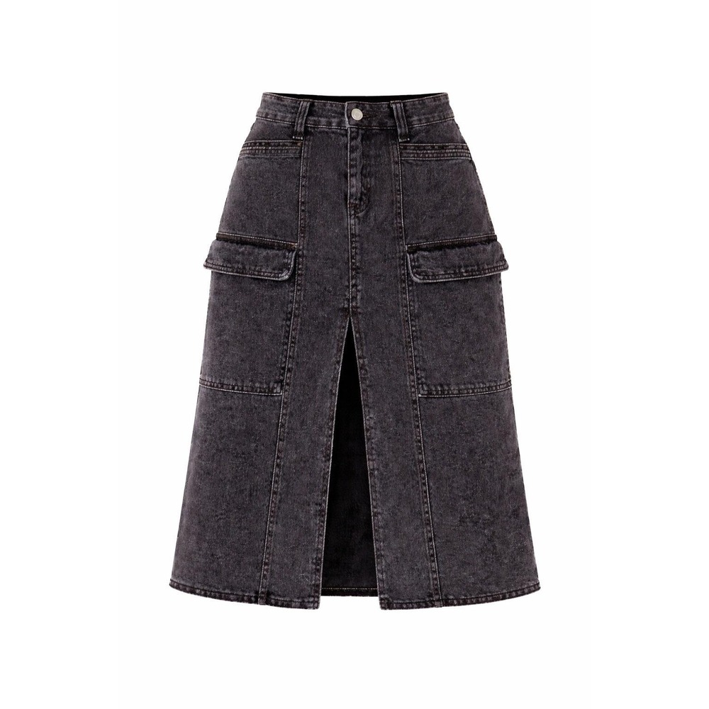Sincerely Jules Womens Black Denim Cargo Midi Skirt Front Slit High Rise Sz 7/28